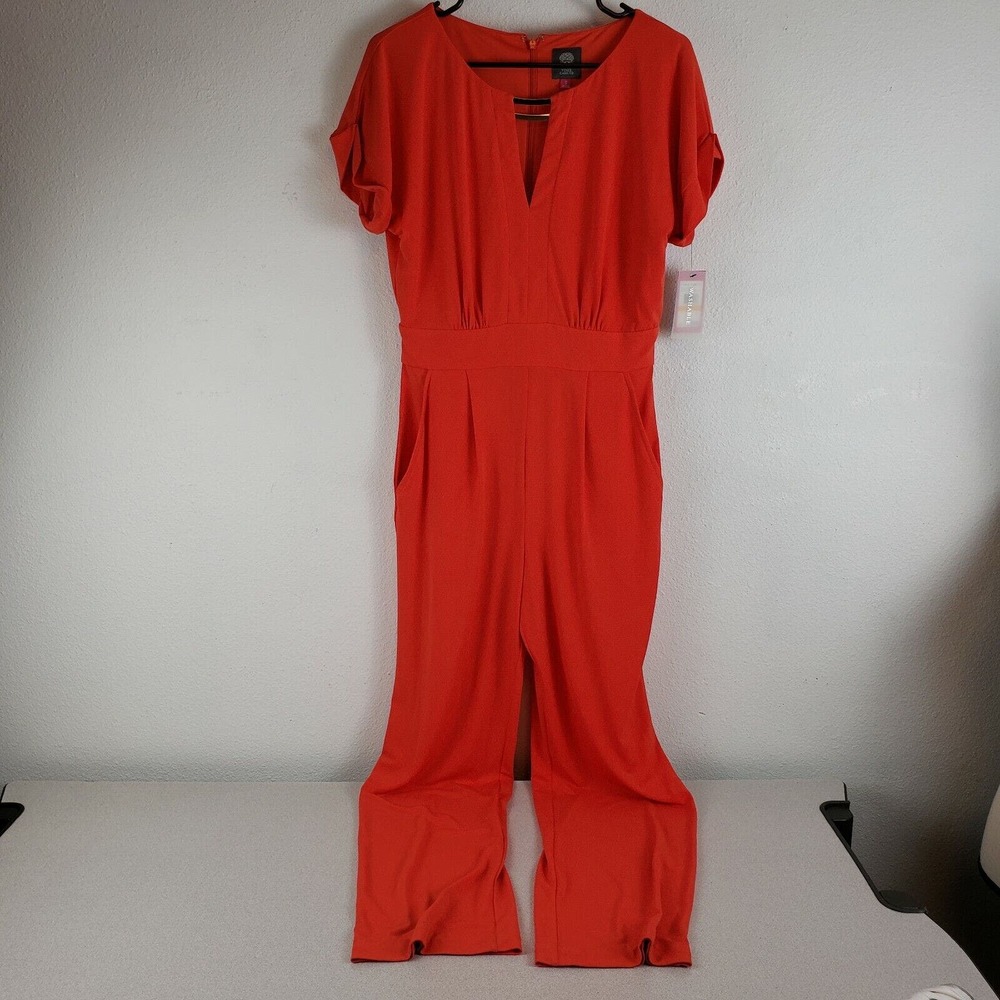 Vince Camuto Womens Orange Short Sleeves V Neck One Piece Jumpsuit Size Small